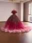 Volumineux Dégradé De Couleur Bordeaux Perlage En Dentelle Fleur Paillettes Robe De Bal 2026 Robe Boule V-Cou Manches Courtes Tribunal Train Robe De Ceremonie