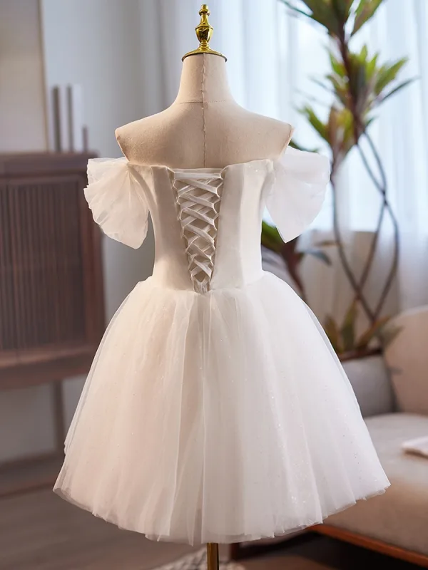 Chic / Belle Blanche Paillettes Appliques Robe De Mariée Courte 2024 Robe Boule De l'épaule Manches Courtes Dos Nu Tulle Mariage