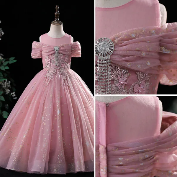 Chic / Beautiful Blushing Pink Birthday Flower Girl Dresses 2022 Scoop Neck Beading Pearl Lace Flower Sequins Short Sleeve Floor-Length / Long Flower Girl Dresses