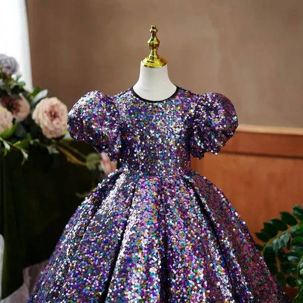 Sparkly Multi-Colors Sequins Purple Birthday Flower Girl Dresses 2023 Ball Gown Scoop Neck Puffy Short Sleeve Backless Floor-Length / Long