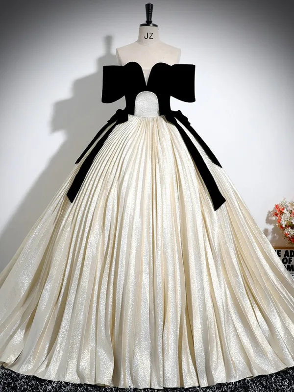 Élégant Champagne Glitter Satin Noeud Robe De Bal 2024 Robe Boule De l'épaule Manches Courtes Dos Nu Longue Promo Robe De Ceremonie