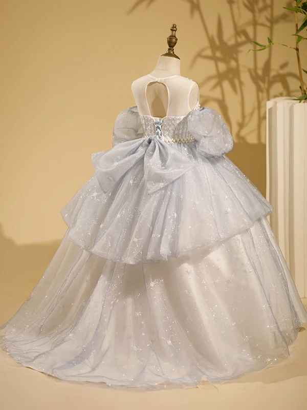 Chic / Beautiful Grey Beading Pearl Sequins Cascading Ruffles Birthday Flower Girl Dresses 2024 Ball Gown Scoop Neck Short Sleeve Backless Bow Floor-Length / Long