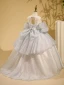 Chic / Beautiful Grey Beading Pearl Sequins Cascading Ruffles Birthday Flower Girl Dresses 2024 Ball Gown Scoop Neck Short Sleeve Backless Bow Floor-Length / Long