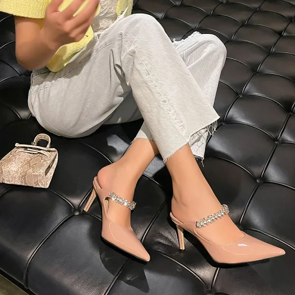 Charming Beige Rhinestone Evening Party Womens Sandals 2022 8 cm Stiletto Heels Pointed Toe Sandals High Heels