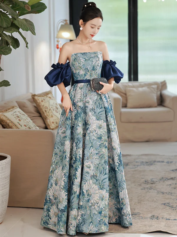 Vintage / Retro Ocean Blue Printing Prom Dresses 2022 A-Line / Princess Strapless Short Sleeve Backless Sash Floor-Length / Long Formal Dresses