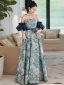 Vintage / Retro Ocean Blue Printing Prom Dresses 2022 A-Line / Princess Strapless Short Sleeve Backless Sash Floor-Length / Long Formal Dresses