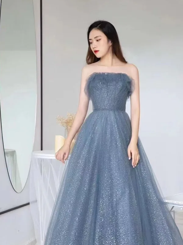 Chic / Beautiful Ocean Blue Glitter Bow Sash Prom Dresses 2025 A-Line / Princess Strapless Sleeveless Backless Floor-Length / Long Prom Formal Dresses
