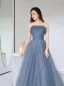 Chic / Beautiful Ocean Blue Glitter Bow Sash Prom Dresses 2025 A-Line / Princess Strapless Sleeveless Backless Floor-Length / Long Prom Formal Dresses