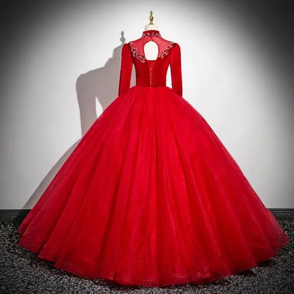Vintage / Retro Burgundy Beading Prom Dresses 2025 Ball Gown High Neck 3/4 Sleeve Backless Floor-Length / Long Prom Formal Dresses