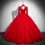 Vintage / Retro Burgundy Beading Prom Dresses 2025 Ball Gown High Neck 3/4 Sleeve Backless Floor-Length / Long Prom Formal Dresses
