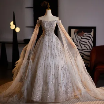 Luxe Doré Perlage Paillettes Robe De Bal Robe Boule 2024 De L Épaule Manches Longues Dos Nu Longue Promo Robe De Ceremonie
