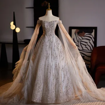 Luxury Gorgeous Gold Beading Sequins Prom Dresses Ball Gown 2024 Off The Shoulder Long Sleeve Backless Floor Length Long Prom Formal Dresses