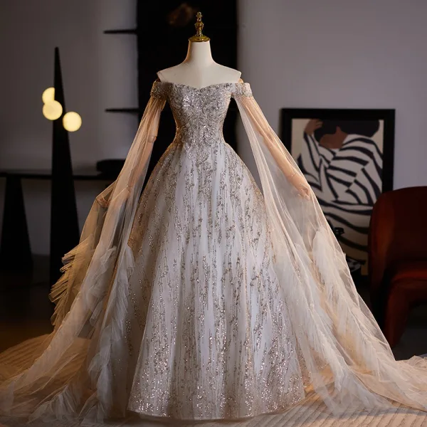 Luxury / Gorgeous Gold Beading Sequins Prom Dresses Ball Gown 2024 Off-The-Shoulder Long Sleeve Backless Floor-Length / Long Prom Formal Dresses