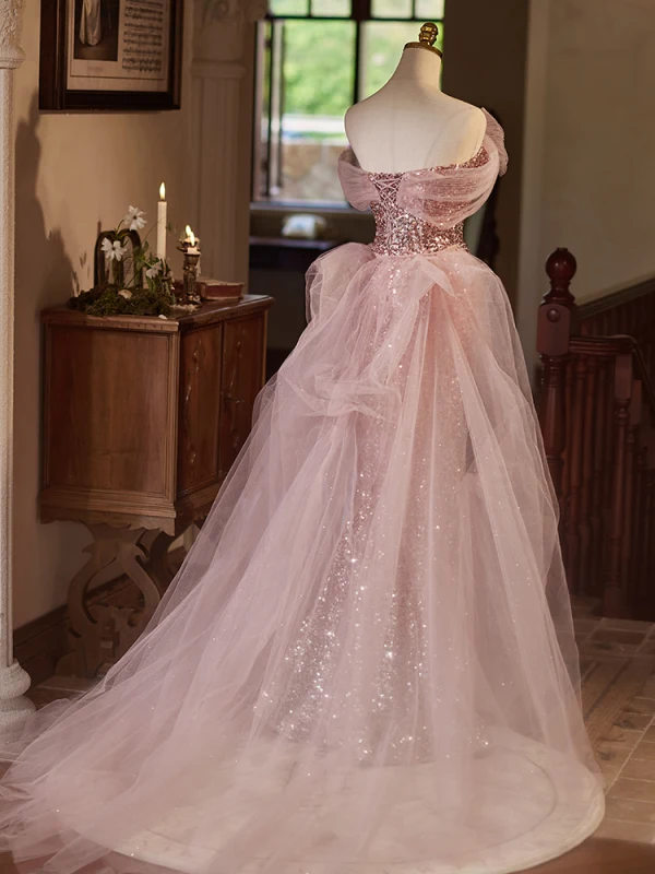 Glitzernden Rosa Pailletten Ballkleider 2024 Meerjungfrau Off Shoulder Kurze Ärmel Rückenfreies Sweep / Pinsel Zug Ball Festliche Kleider