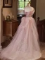 Glitzernden Rosa Pailletten Ballkleider 2024 Meerjungfrau Off Shoulder Kurze Ärmel Rückenfreies Sweep / Pinsel Zug Ball Festliche Kleider