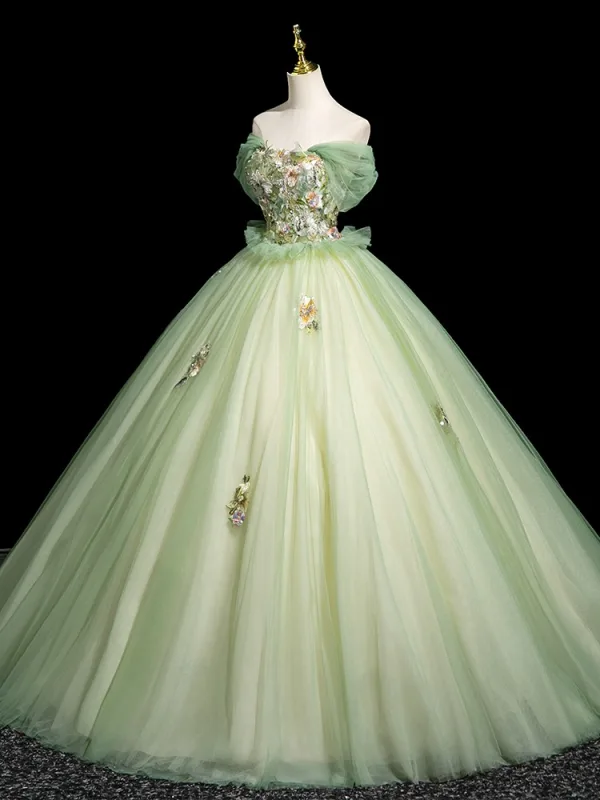 Elegant Sage Green Sequins Lace Flower Prom Dresses 2025 Ball Gown Off-The-Shoulder Short Sleeve Backless Floor-Length / Long Formal Dresses
