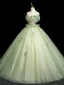 Elegant Sage Green Sequins Lace Flower Prom Dresses 2025 Ball Gown Off-The-Shoulder Short Sleeve Backless Floor-Length / Long Formal Dresses