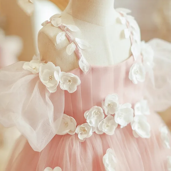 Flower Fairy Blushing Pink Appliques Birthday Flower Girl Dresses 2024 Ball Gown Spaghetti Straps Short Sleeve Backless Floor-Length / Long