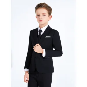 Fashion Black 6 Piece Long Sleeve Boys Wedding Suits 2023 Wedding Coat Pants Shirt Tie Vest