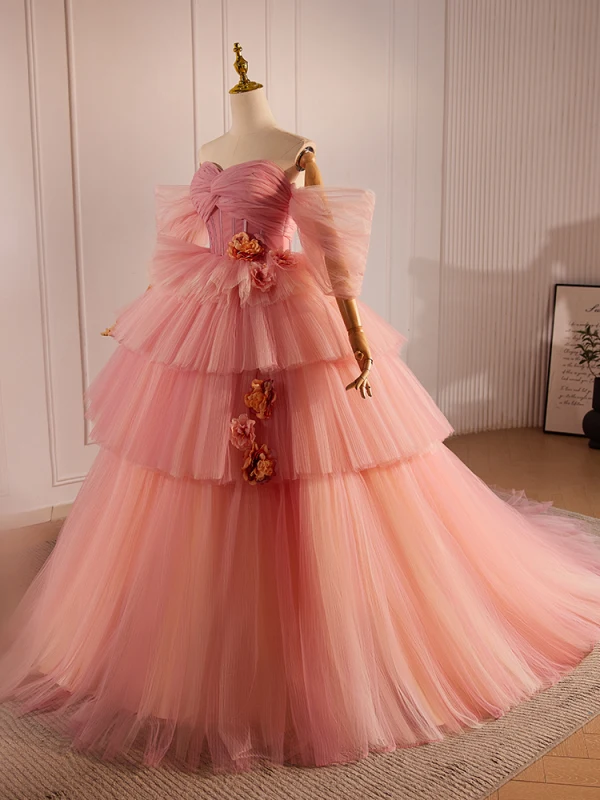 Fashion Blushing Pink Appliques Cascading Ruffles Prom Dresses 2024 Ball Gown Off-The-Shoulder Short Sleeve Backless Sweep Train Prom Formal Dresses