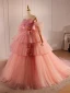 Fashion Blushing Pink Appliques Cascading Ruffles Prom Dresses 2024 Ball Gown Off-The-Shoulder Short Sleeve Backless Sweep Train Prom Formal Dresses