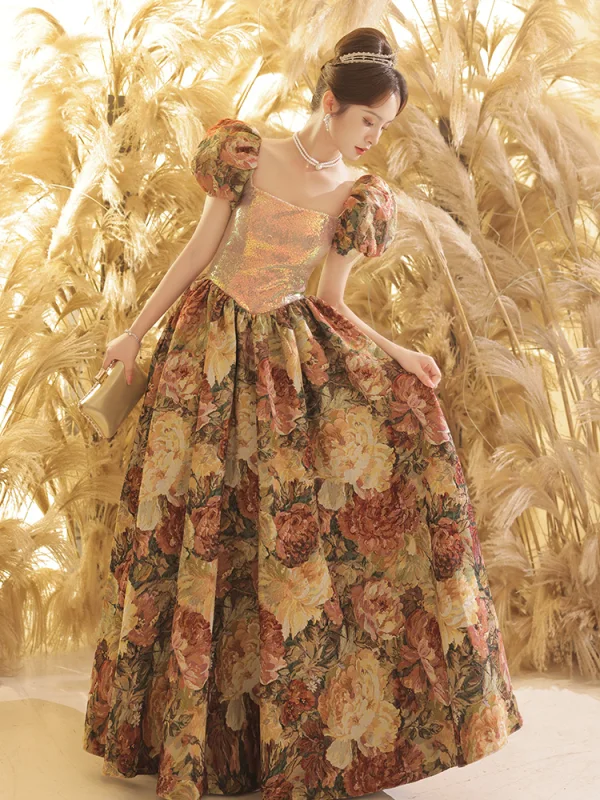 Vintage / Retro Fancy Gold Printing Prom Dresses 2023 A-Line / Princess Square Neckline Puffy Short Sleeve Backless Floor-Length / Long Prom Formal Dresses