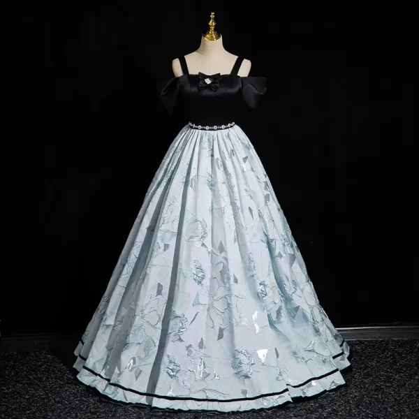 Elegant Black Printing Rhinestone Prom Dresses 2023 Ball Gown Spaghetti Straps Bow Short Sleeve Backless Floor-Length / Long Formal Dresses