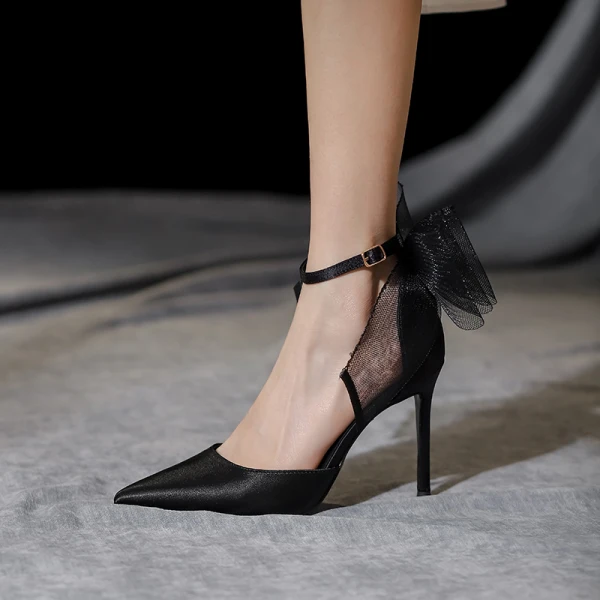 Fashion Black Evening Party Bow Womens Shoes 2022 10 cm Stiletto Heels Ankle Strap Pointed Toe Womens Shoes High Heels