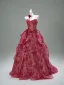 Luxury / Gorgeous Burgundy Appliques Cascading Ruffles Prom Dresses 2025 Ball Gown Strapless Sleeveless Backless Sweep Train Formal Dresses
