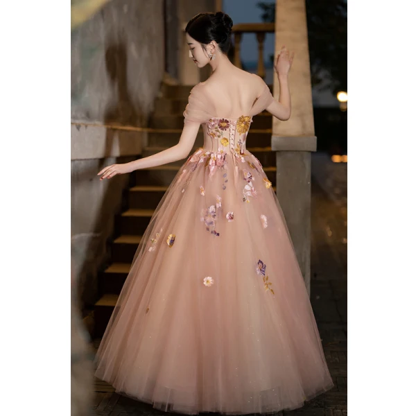 Elegant Blushing Pink Pearl Lace Flower Prom Dresses 2023 A-Line / Princess Square Neckline Short Sleeve Backless Floor-Length / Long Prom Formal Dresses