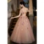 Elegant Blushing Pink Pearl Lace Flower Prom Dresses 2023 A-Line / Princess Square Neckline Short Sleeve Backless Floor-Length / Long Prom Formal Dresses