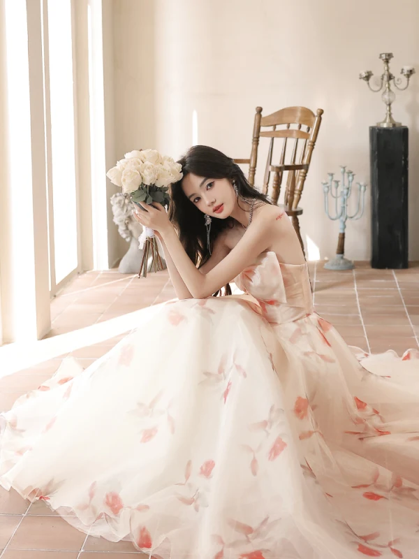 Charming White Appliques Prom Dresses 2023 A-Line / Princess Strapless Sleeveless Backless Floor-Length / Long Prom Formal Dresses