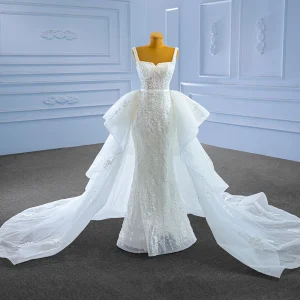 Haut De Gamme Ivoire Perle En Dentelle Fleur Robe De Mariée 2023 Trompette Sirène Encolure Carrée Sans Manches Ceinture Dos Nu Tribunal Train Mariage