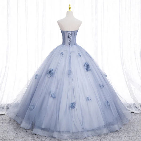Chic / Beautiful Sky Blue Appliques Prom Dresses 2022 Ball Gown Strapless Long Sleeve Backless Floor-Length / Long Prom Formal Dresses
