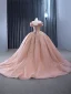 Haut de Gamme Rougissant Rose Glitter Fait main Perlage Paillettes En Dentelle Fleur Robe De Bal 2024 Robe Boule De l'épaule Manches Courtes Dos Nu Tribunal Train Promo