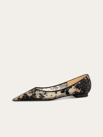 Vintage Retro Chinese Style Lace Embroidered Flat Black Prom Womens Shoes 2024 Tulle Pointed Toe Heels