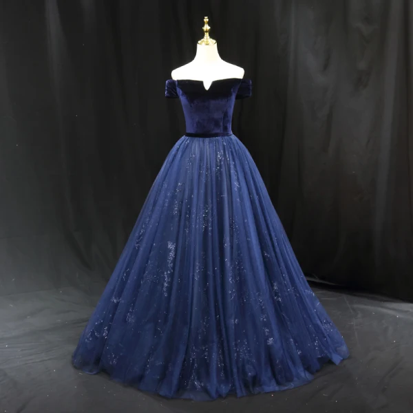 Vintage / Retro Navy Blue Sequins Prom Dresses 2023 Ball Gown Off-The-Shoulder Sleeveless Backless Floor-Length / Long Prom Formal Dresses