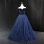 Vintage / Retro Navy Blue Sequins Prom Dresses 2023 Ball Gown Off-The-Shoulder Sleeveless Backless Floor-Length / Long Prom Formal Dresses