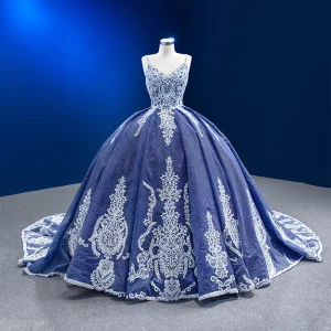 Gama Alta Océano Azul Glitter Rebordear Con Encaje Flor Vestidos De Gala 2023 Ball Gown Spaghetti Straps Sin Mangas Sin Espalda Largos Gala Vestidos Formales