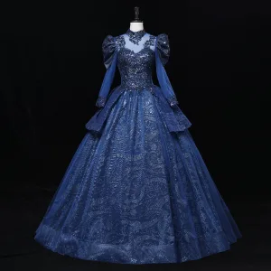 Vintage Originale Bleu Marine Perlage Paillettes En Dentelle Fleur Robe De Bal 2023 Robe Boule Col Haut 3 4 Manches Longue Promo Robe De Ceremonie