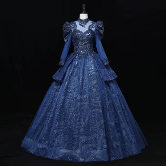 Vintage Originale Bleu Marine Perlage Paillettes En Dentelle Fleur Robe De Bal 2023 Robe Boule Col Haut 3 4 Manches Longue Promo Robe De Ceremonie