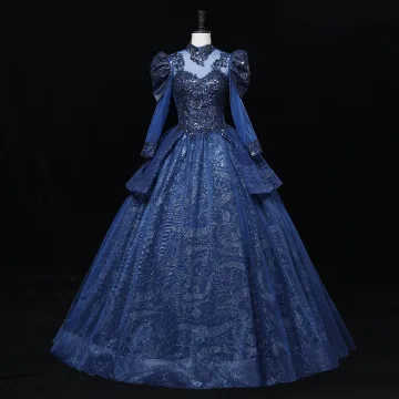 Vintage Originale Bleu Marine Perlage Paillettes En Dentelle Fleur Robe De Bal 2023 Robe Boule Col Haut 3 4 Manches Longue Promo Robe De Ceremonie