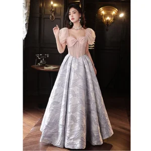 Chic Belle Rougissant Rose Gris Robe De Bal 2023 Princesse Encolure Carrée Gonflée Manches Courtes Dos Nu Longue Promo Robe De Ceremonie