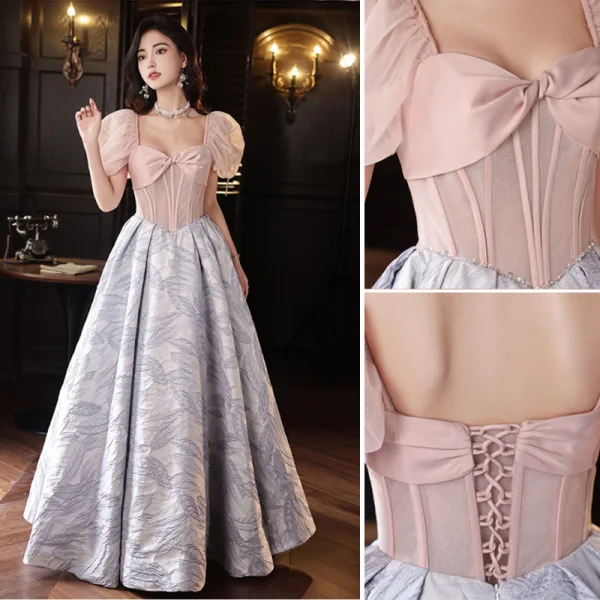 Chic / Beautiful Blushing Pink Grey Prom Dresses 2023 A-Line / Princess Square Neckline Puffy Short Sleeve Backless Floor-Length / Long Prom Formal Dresses