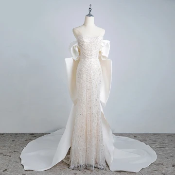 Glitter Sexy Ivoor Parel Pailletten Avondjurken 2023 Trompet Zeemeermin Strapless Mouwloos Ruglooze Strik Sweep Trein Avond Gelegenheid Jurken