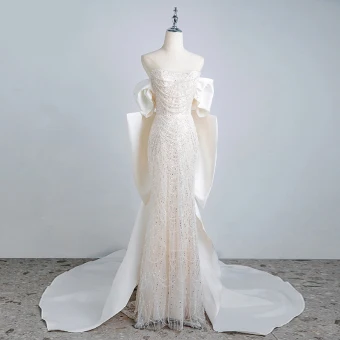 Sparkly Sexy Elfenben Perle Paljetter Selskapskjoler 2023 Trompet Havfrue Strapless Uten Ermer Ryggløse Sløyfe Feie Tog Aften Formelle Kjoler