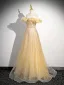 Chic / Beautiful Yellow Beading Sequins Prom Dresses 2024 A-Line / Princess Off-The-Shoulder Feather Sleeveless Backless Floor-Length / Long Prom Formal Dresses