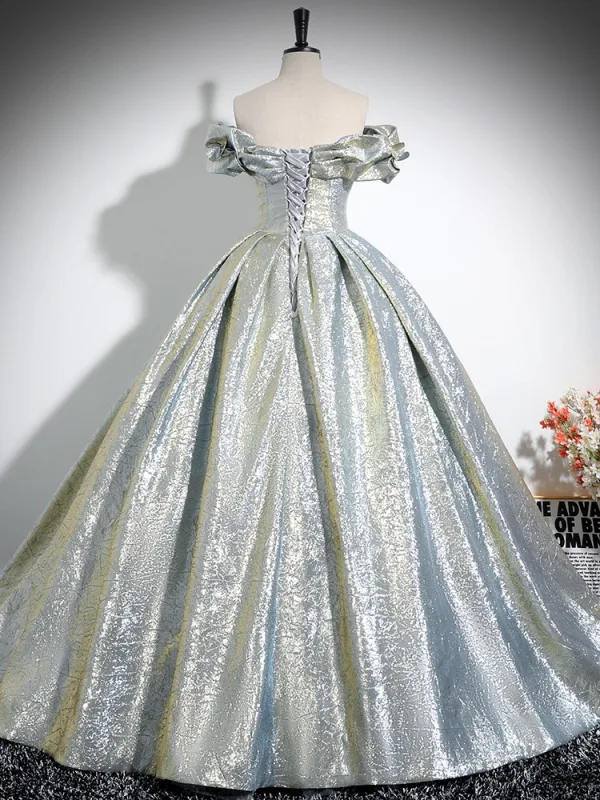 Charming Gold Silver Prom Dresses 2024 Ball Gown Ruffle Off-The-Shoulder Short Sleeve Backless Sweep Train Prom Formal Dresses