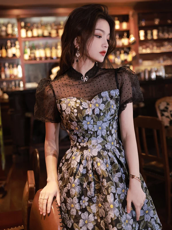 Fashion Black Spotted Printing Short Homecoming Graduation Dresses 2023 A-Line / Princess High Neck Short Sleeve Formal Dresses