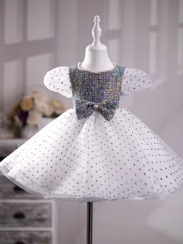 Fashion White Sequins Spotted Short Flower Girl Dresses 2024 Ball Gown Pearl Scoop Neck Short Sleeve